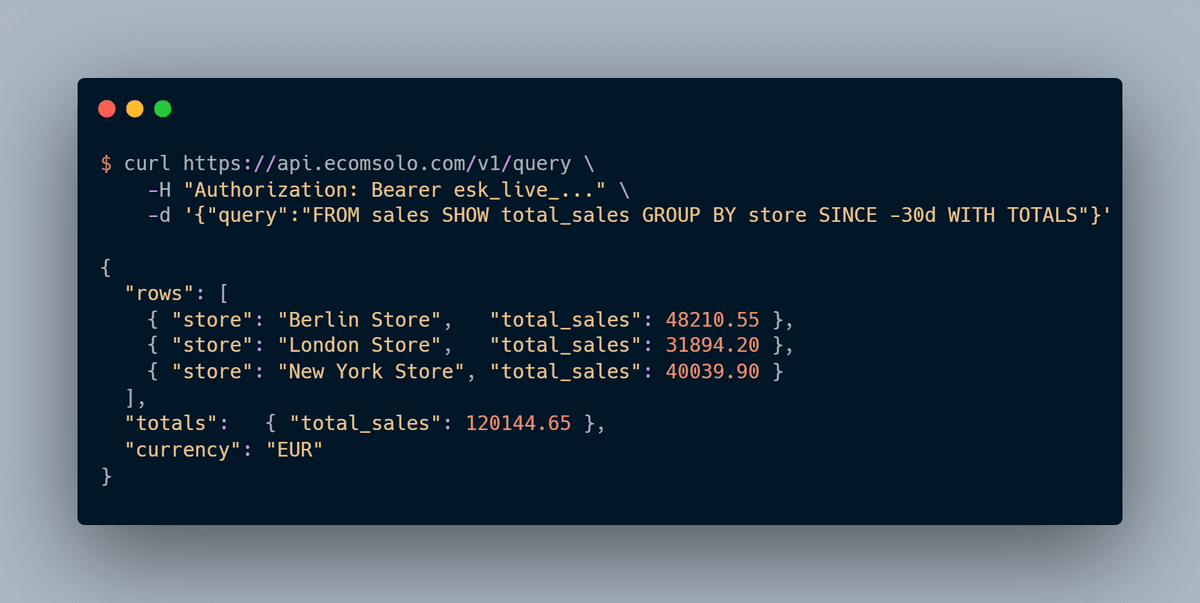 Example EcomSolo API request returning consolidated sales across three stores